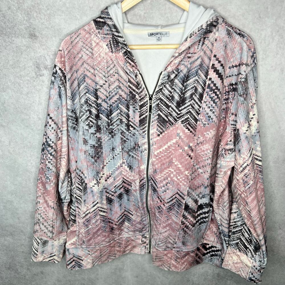 Sportelle Abstract Print Zip Up Hoodie Pink Grey Size 2XL Casual Athleisure